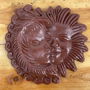 Vintage Celestial Terracotta Sun & Moon Face Wall Plaque 8” Handcrafted Boho